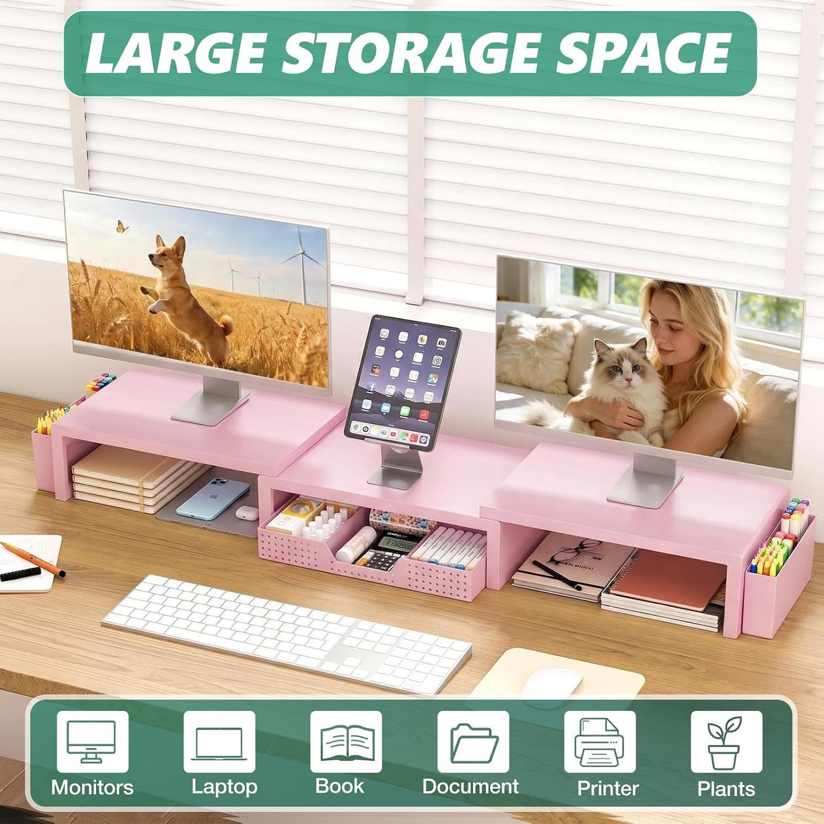 OPNICE Desk Organizer and Accessories, Computer Monitor Stand Riser with Drawer and 2 Pen Holders, Laptop Stand, Office Desk Accessories for Office Supplies, Pink