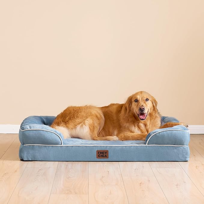 EHEYCIGA Orthopedic Dog Beds for Large Dogs, Waterproof Memory Foam Large Pet Bed with Sides, Non-Slip Bottom and Egg-Crate Foam Dog Couch Bed with Washable Removable Cover, Washed Blue