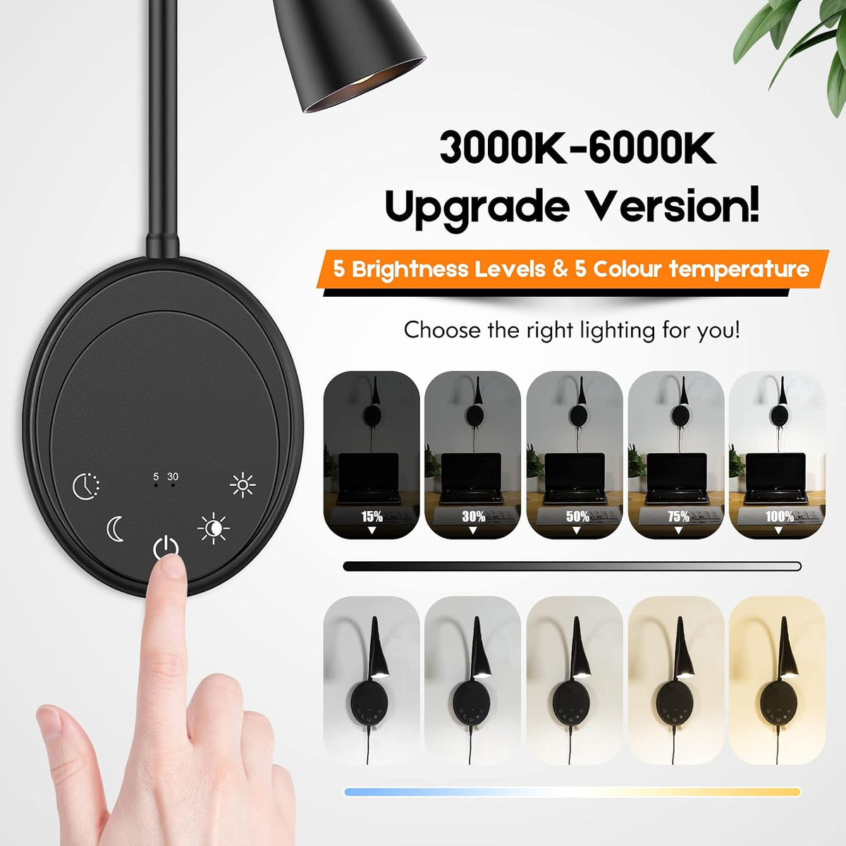 SANKEDOU Wall Mounted Reading Light, Bedside Headboard Lights with 5 Dimming & Color Temperature, USB Output, Night Light & Timers Function, Flexible Gooseneck 3000K-6000K Upgrade Bed Lamp (Black)