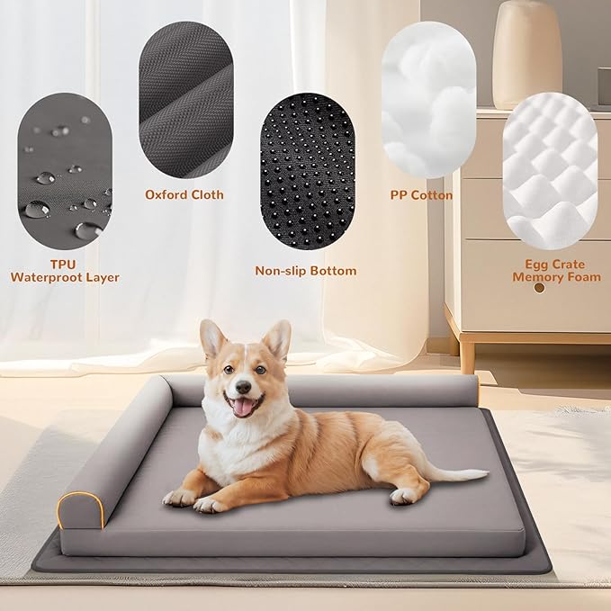 Dog Beds Large Size Dog, Waterproof Dog Bed with Anti-Slip Mat Washable, Memory Foam Orthopedic Pet Bed Chew Proof Pet Couch (Grey)