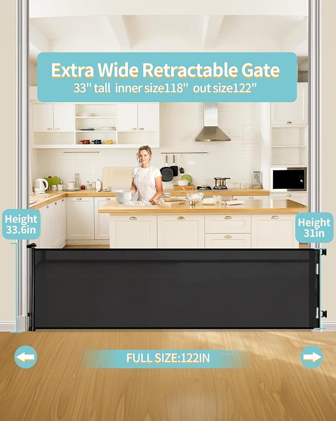 Retractable Baby Gate for Stairs – 33” Height, Expands up to 118” Width – Safety Gate for Infants, Toddlers, Dogs & Pets – Easy Install, Secure Closure, Black Mesh Design for Indoor & Outdoor Use
