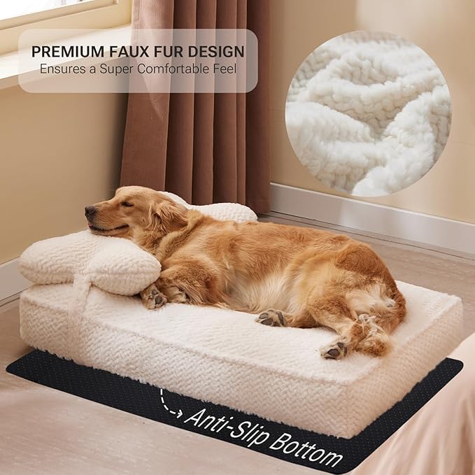 Soft Touch Faux Fur Dog Bed for Extra Large Dogs 8.5" Extra Thick, Orthopedic Pet Bed with Waterproof Liner and Washable Cover, with Removable Cute Pillow, Cream Color