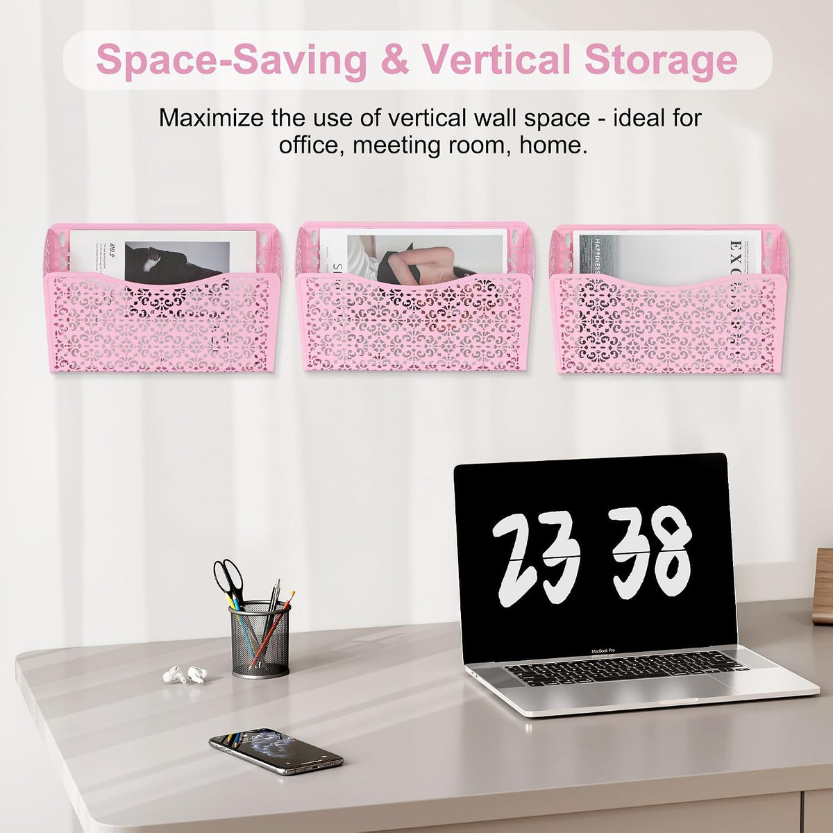 EasyPAG 3 Single Wall Mount File Organizer Vertical Metal Wall Pocket File Holder for Office, Home, School, Pink