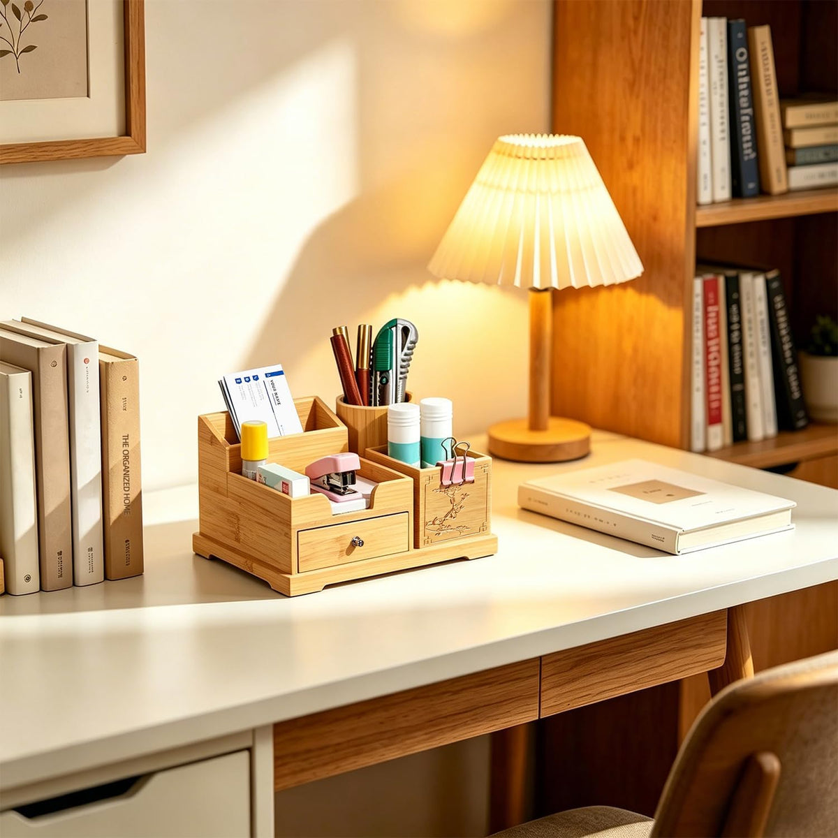 Bamboo Desk Organizer with Drawer & Pen Holder, Office Desk Caddy Storage