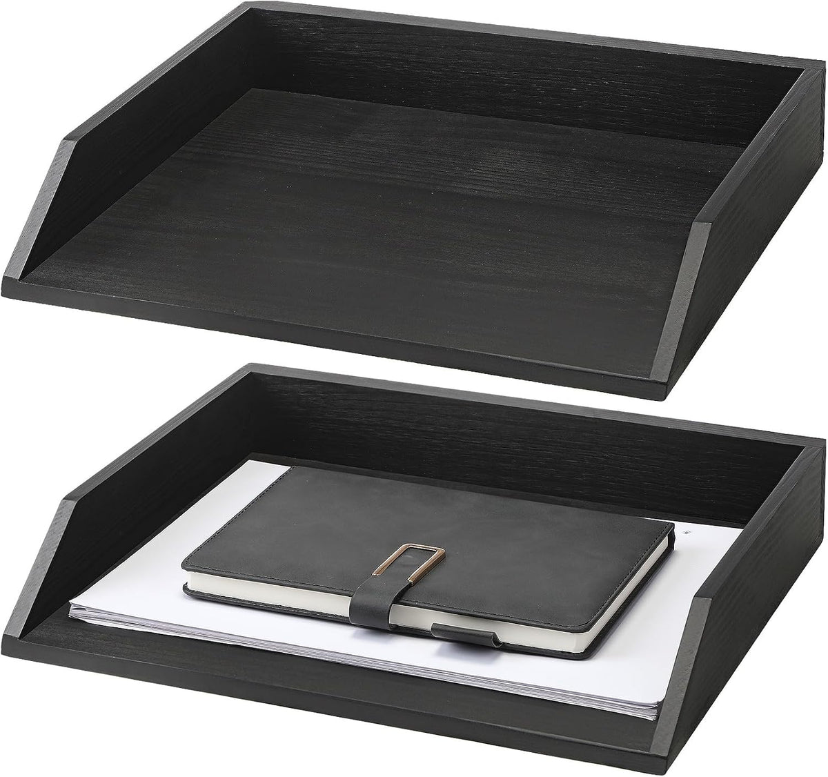 Beeveer 2 Pcs Black Wood Letter Tray Wooden Desk Paper Organizer 2 Tier Stackable Load Documents Desktop Tray Drawer File Folder Magazine Office Accessories for Home Office Back to School