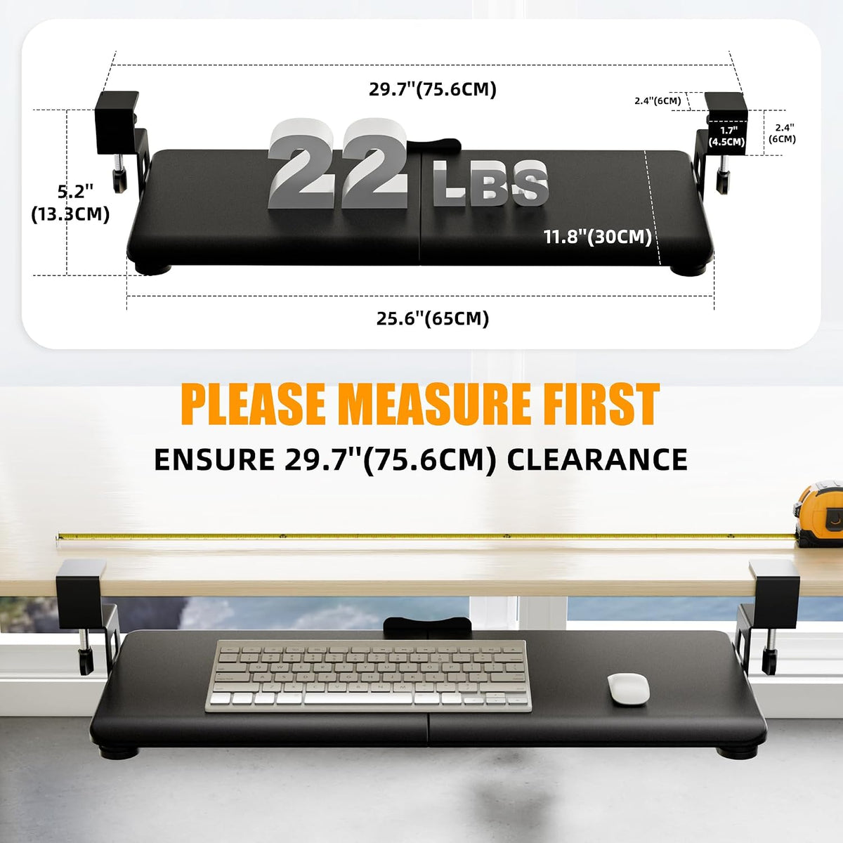 Under Desk Keyboard Tray, Keyboard Holder Drawer with C-Clamp 25.6"x11.8"
