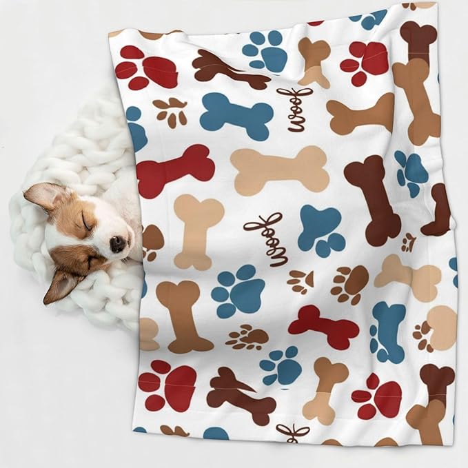 Two Sided Pet Cuddler Blanket for Anxiety Calming, Dog Bones Paw Prints Cream, Reversible Plush Design with Bubble Dot Pattern Provides Familiar Surface Anywhere