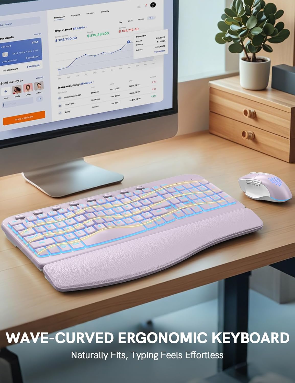 SABLUTE Wireless Keyboard and Mouse Combo, Ergonomic Wave with Wrist Rest