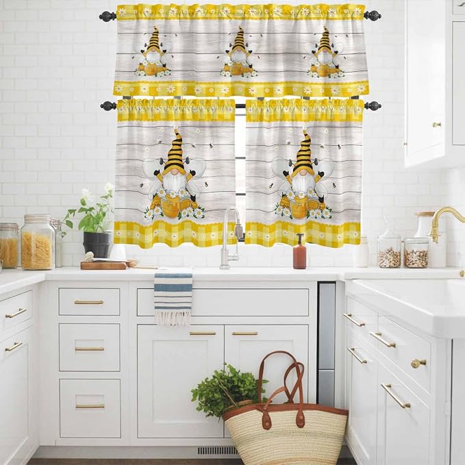 Yellow Gnomes Kitchen Curtains Set 3 Piece