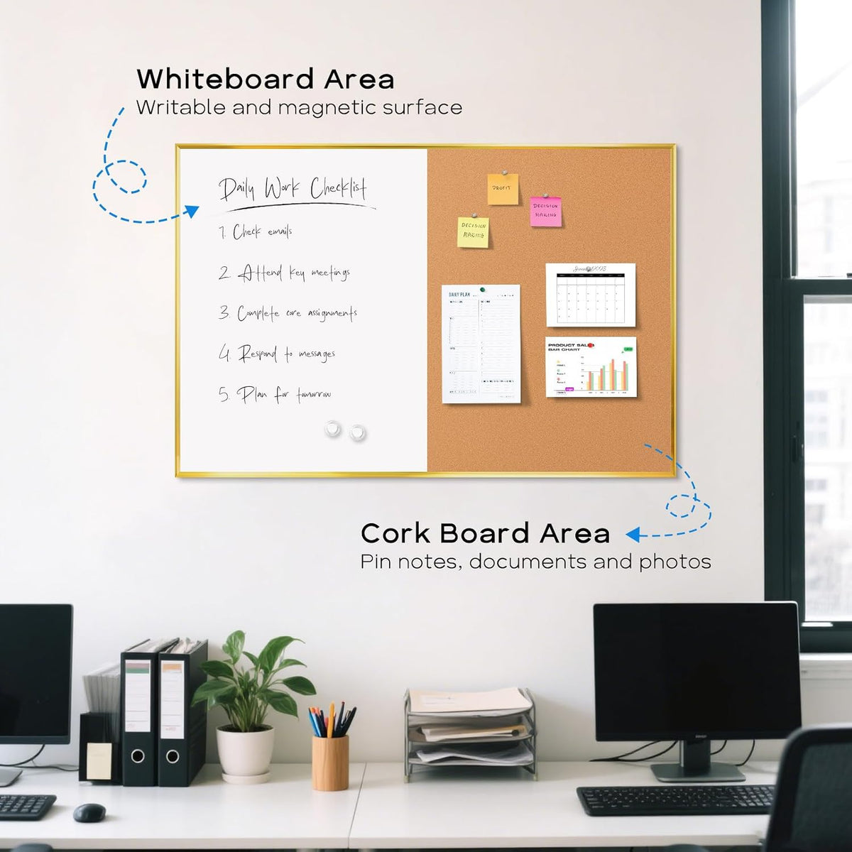 Magnetic Dry Erase White Board & Cork Board Combo, 24"x18", Wall Mounted