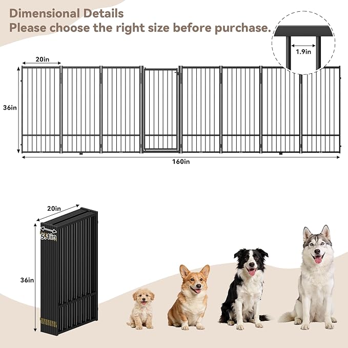 Full Metal Freestanding Dog Gate with Door, 36''Height Foldable Pet Dog Fence for Indoor & Outdoor, 8 Panels Extra Wide Free Standing TallDog Gates for Doorways,House,Stairs,Porch,Deck,Yard