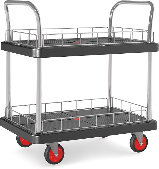 2 Shelf Utility Service Cart- 660lbs Capacity Heavy-Duty Plastic Rolling Utility Carts with 4 of 360° Swivel Wheels and Handle, Large Service Cart for Groceries,Warehouse,Garage 34.6''x 22.8''