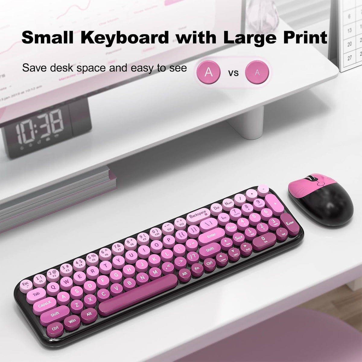 Wireless Keyboards Mouse Combos, 2.4G USB Cordless Keyboard Mouse Set with Colorful Round Retro Keycaps, Cute Typewriter Full-Size Keyboard for PC Laptop Desktop Computer Home Office-Black Pink