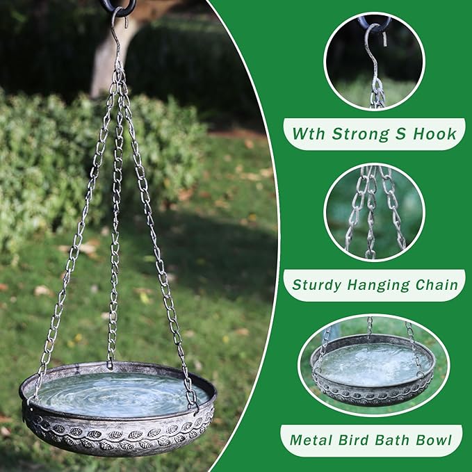 Hanging Bird Baths for Outside,Metal Bird Feeder,Hanging Birdbaths for Outdoors,for Garden Backyard Patio and Deck-Dark Grey