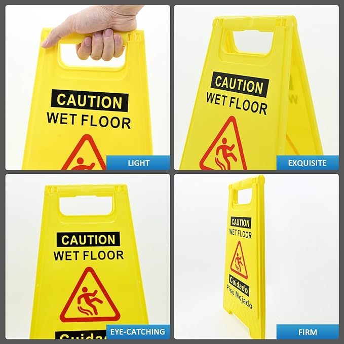 4-Pack Caution Wet Floor Sign, 17.5" Height, Bright Yellow, Double-Sided A-Shaped Frame Design, Bilingual Caution Message