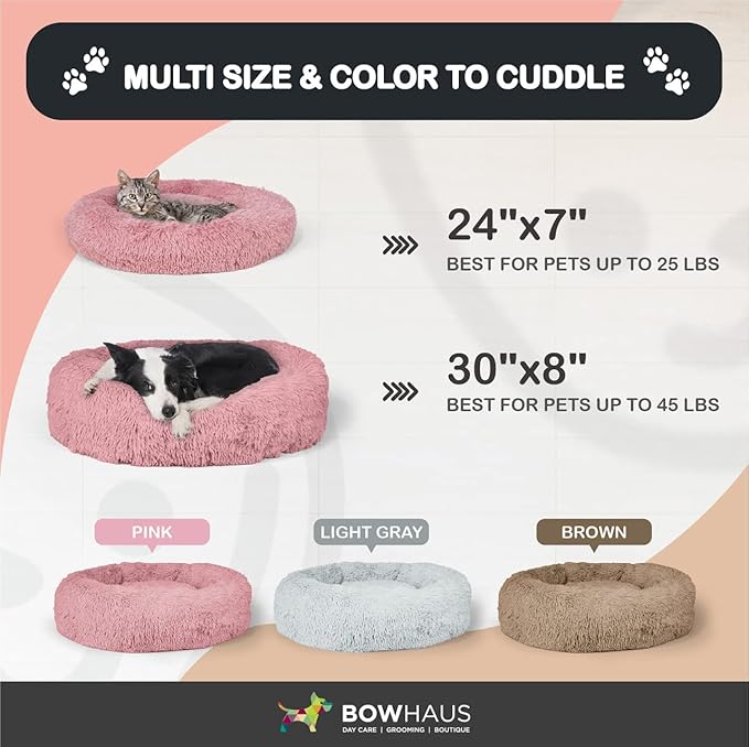 24/30 Inch Calming Donut Pet Bed for Small/Medium Cats and Dogs, Anti-Slip Bottom, Washable, Anti-Anxiety Fluffy Round Cat Bed, Indoor Shaggy Cuddler Cotton Candy Brown, Light Gray, Pink Bed