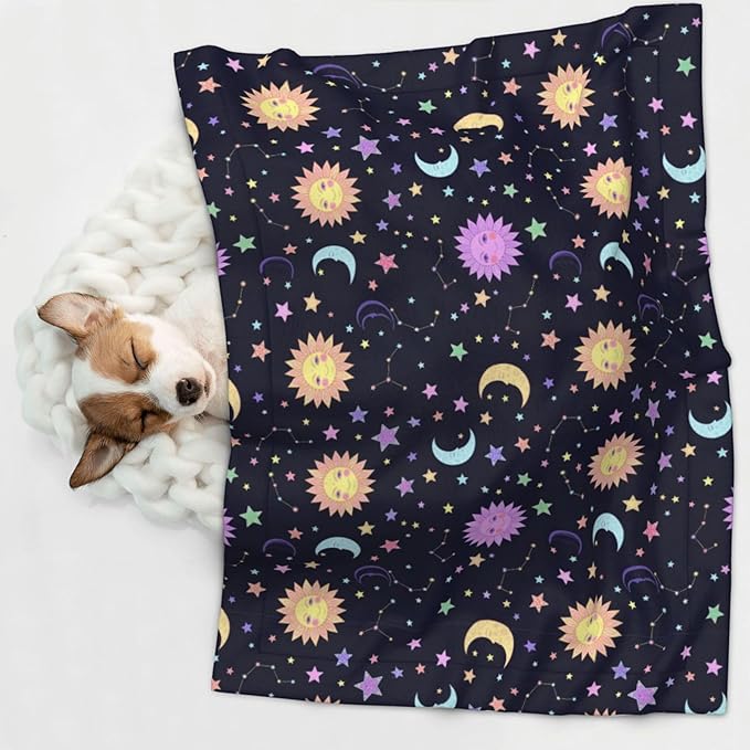 Two Sided Plush Pet Blanket for Warmth Comfort, Trippy Sun Moon Stars, Reversible Throw with Cozy Nubby Side for Chilly Nights Napping Spots Around House