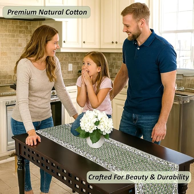 Basil Green Hand Block Print 100% Cotton Table Runner 16x70 Inch | Perfect