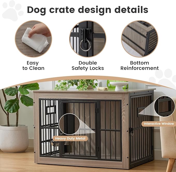 32 Inch Heavy Duty Dog Crate Furniture for Medium/Small Dogs, Decorative Pet House End Table with 3 Doors & Adjustable Bowls, Wooden Cage Kennel Furniture Indoor, Rustic Grey