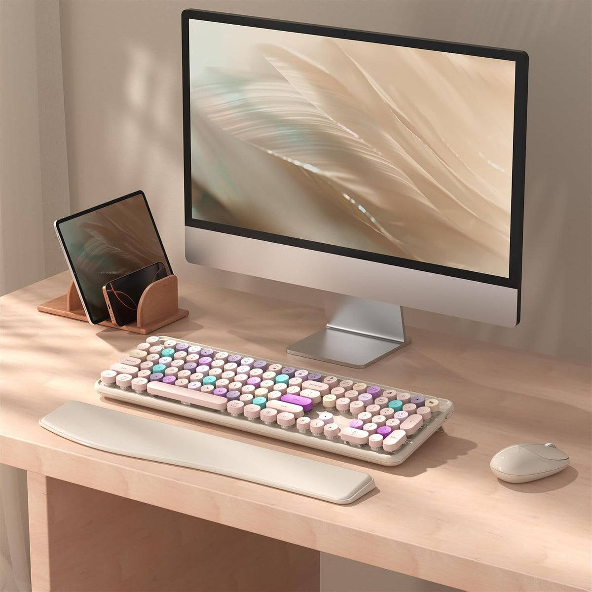 Wireless Keyboard and Mouse Combo with Phone Holder (Khaki)