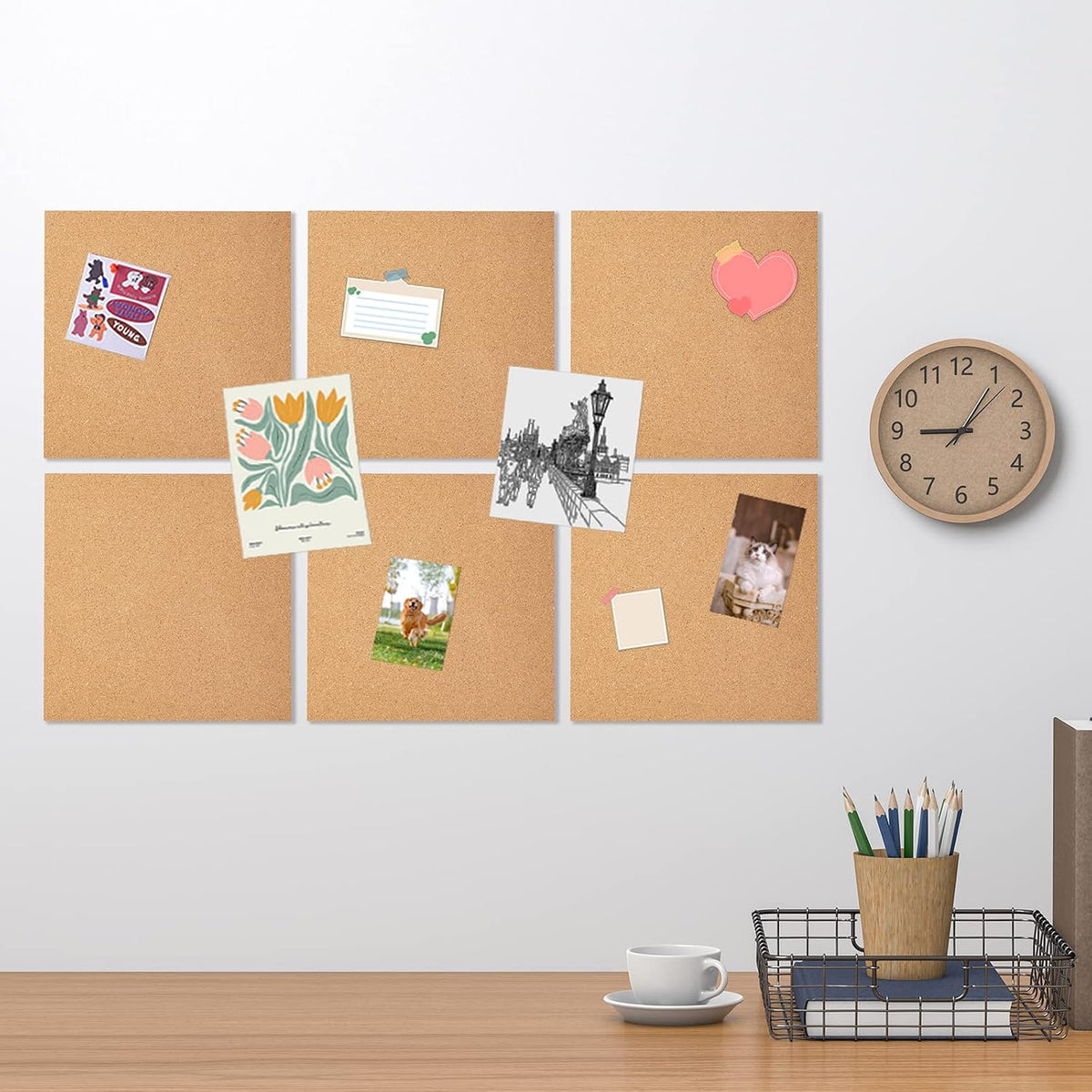 6 Pack Cork Bulletin Board 12 x 12 Inch - 1/2" Thick Cork Board Tiles,Self-Adhesive Frameless Cork Tiles Wall Decor with 50 PCS Pushpins for DIY, Office, School and Home Decor