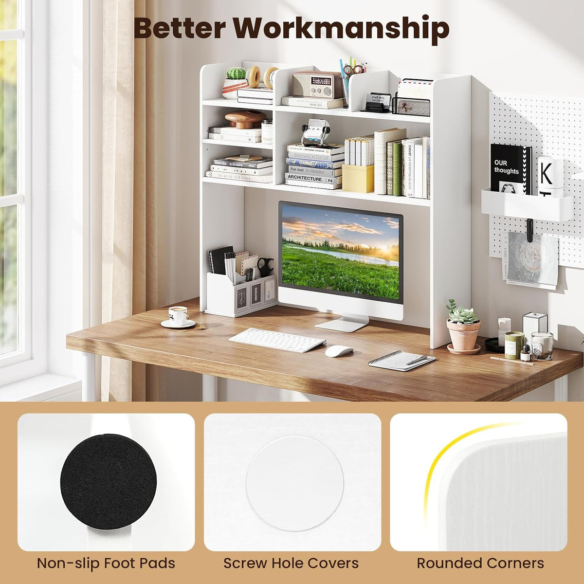 GIANTEX Desktop Bookshelf, 37" Desk Hutch Dorm for Computer Up to 32 Inch, Countertop Hutch w/6 Storage Shelves, 3-Tier Desktop Organizer Display Rack, Wood Desk Shelf for Home Office (White)