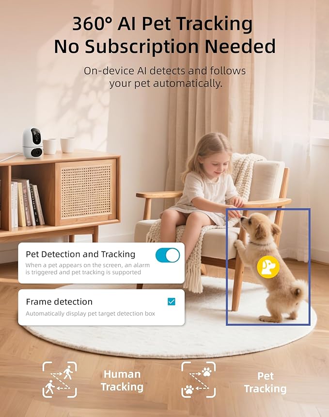 VIRTAVO Pet Camera Indoor for Dogs & Cats, 360° PTZ Pet Monitor with Motion Tracking, Dual‑Lens, 2‑Way Audio, Night Vision, No Subscription, Wi‑Fi 6 (2.4GHz/5GHz), SD & Cloud Storage