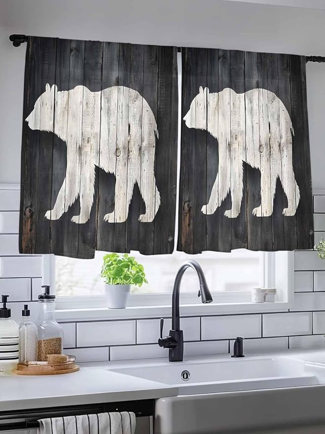 Sheer Curtains 45 Inch Length, Rustic Counrty Vintage Wood Grain Privacy Voile