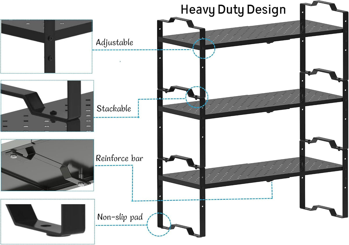 Jojocross Expandable Shelf Cabinet Organizer Adjustable Stackable Spice Rack at Kitchen and Bathroom More, Countertop Cupboard Organization Pantry Storage (1 Pack/Black, M)