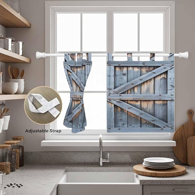 Farmhouse Wood Grain Kitchen Curtains 36 Inch Length, Small Window Curtains Tab