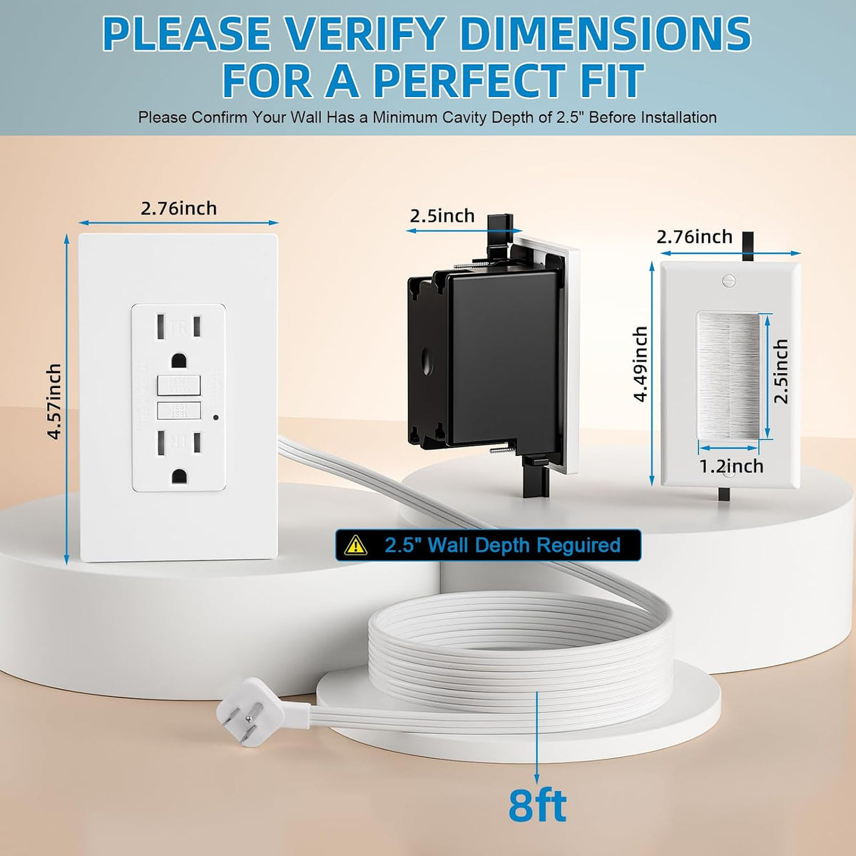 in Wall Cable Management Kit - Outlet Extender - 2AC GFCI Outlet 15amp, Receptacle with LED Indicator Light,8ft Cord,Hard-to-Reach Outlets for TV,Nightstands,Sofa,Desks