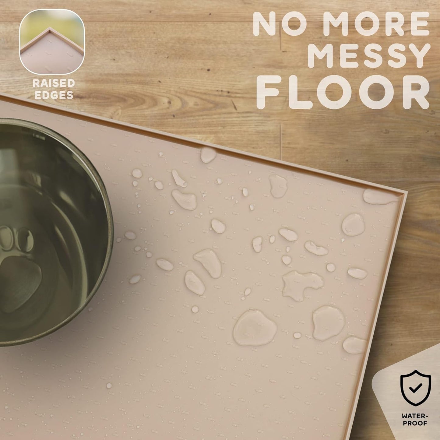 Dog Food Mat - 24x15 Raised Edges Dogs Mat for Food and Water Prevent Spill, Waterproof Cat Food Mats Protect Floors, Easy Clean Dog Bowl Mats for Food and Water, Silicone Pet Feeding Placemats Beige
