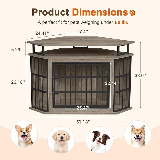 Corner Dog Crate Furniture with 2-Tier Shelves 51" Large Dog Kennel Indoor Wooden TV Stand Modern Dog Cage Decorative Pet House