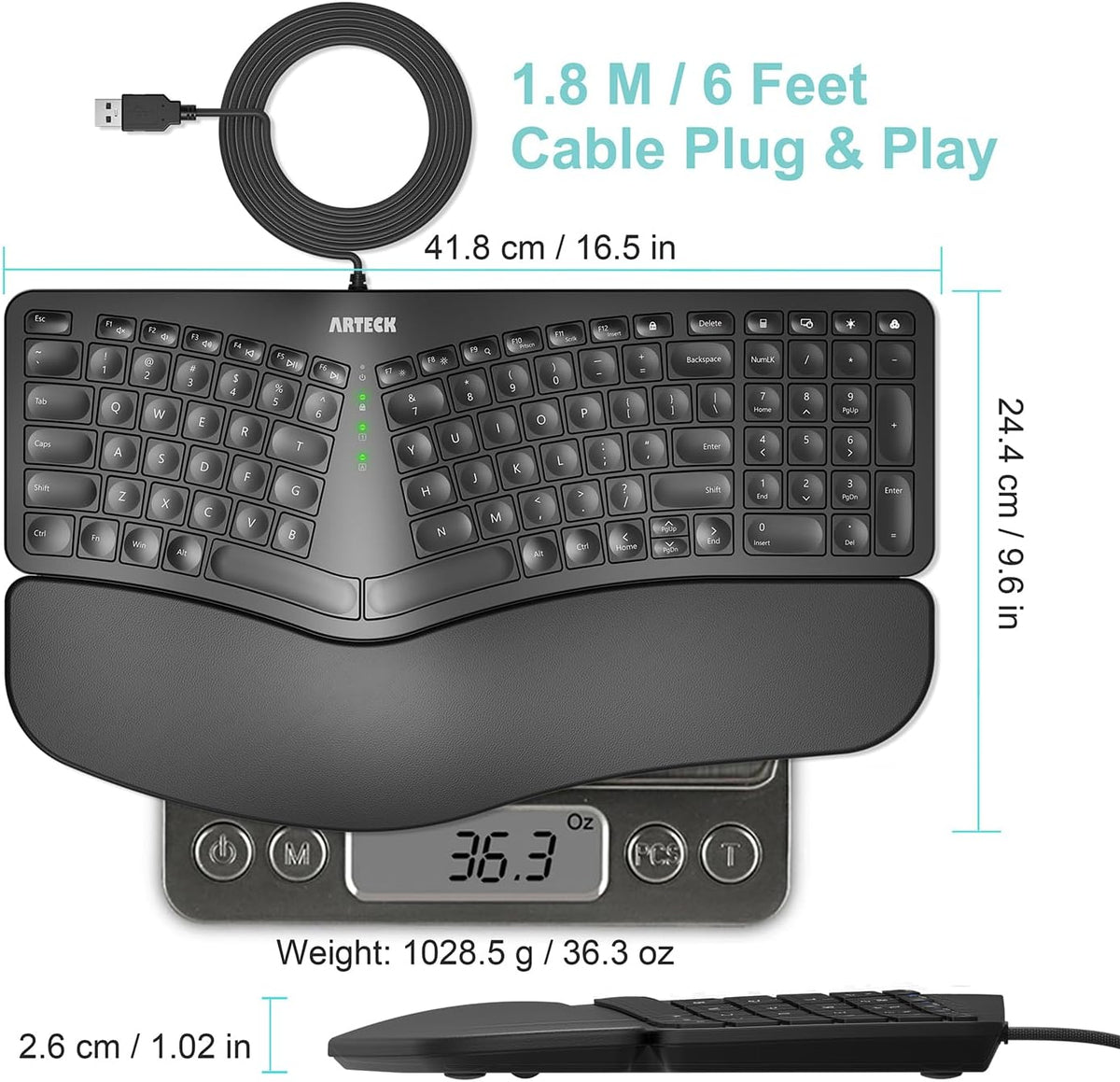 Arteck Split Ergonomic Keyboard with Palm Rest, USB Wired Backlit Keyboard