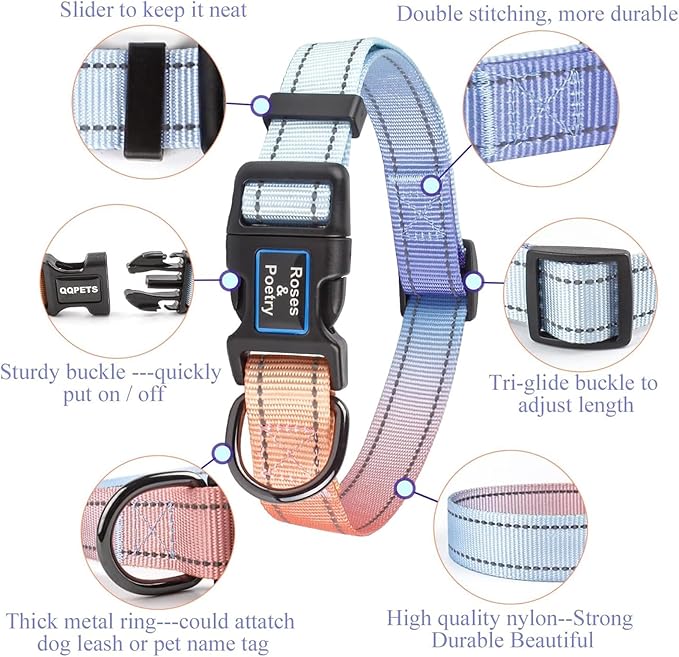 Roses&Poetry Reflective Dog Collar with Gradient Azure, Adjustable Durable Pet Collars for Small Medium Large Dogs (Azure-S)
