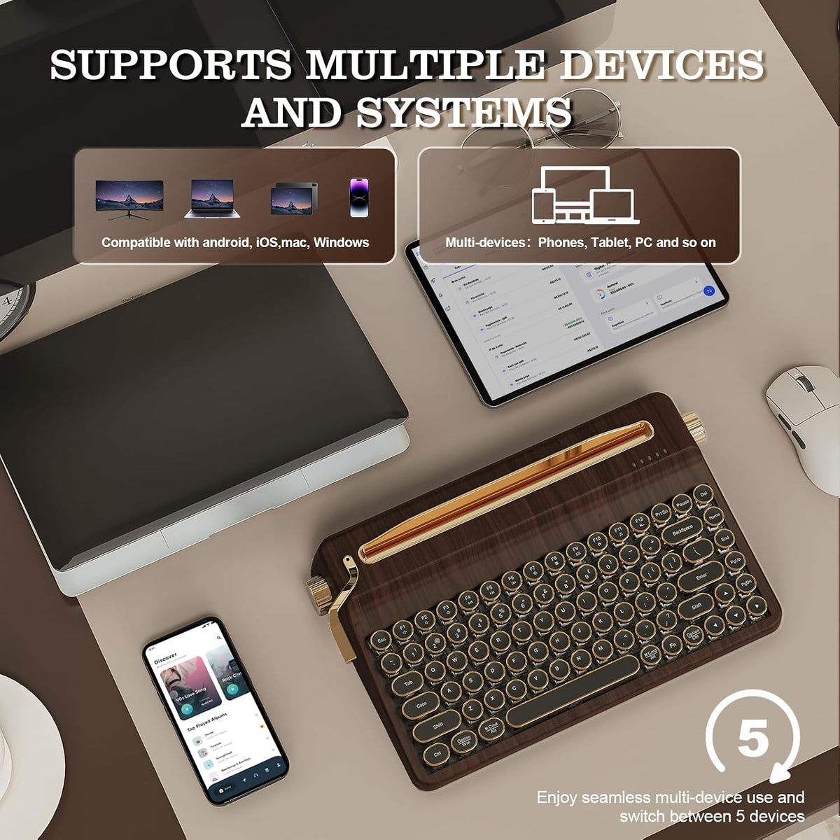 YUNZII QL75 Retro Typewriter Hot Swap RGB Keyboard (Wood, Onyx Switch)