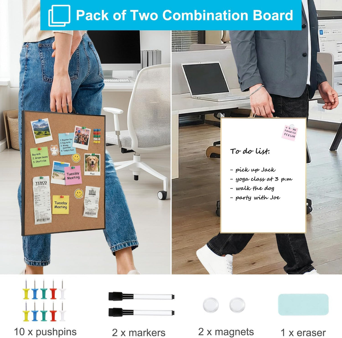 Small Whiteboard Cork-Board Combo for Wall, 2-Board Set, 24"x16" Total
