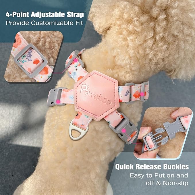 Pawaboo Small Dog Harness and Leash Set, Puppy Harness X-Frame No Pull No Choke, Dog Vest Harnesses Adjustable for Small Medium Sized Dogs,Soft Breathable Pet Harnesses for Walking, M, Pink Flowers