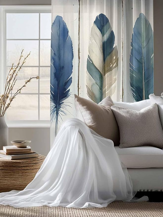 Sheer Curtains 63 Inch Length, Boho Blue Feathers Semi Sheer Curtains Light
