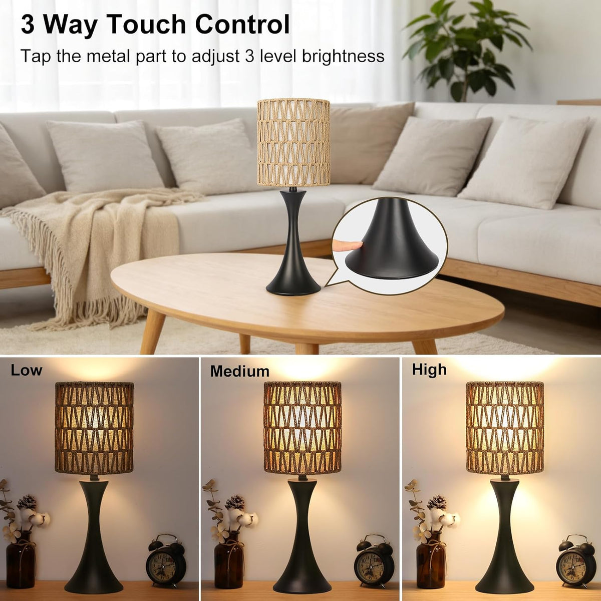 Rattan Table Lamp, 3 Way Touch Control Bedside Lamp with Dual-Layer Shade