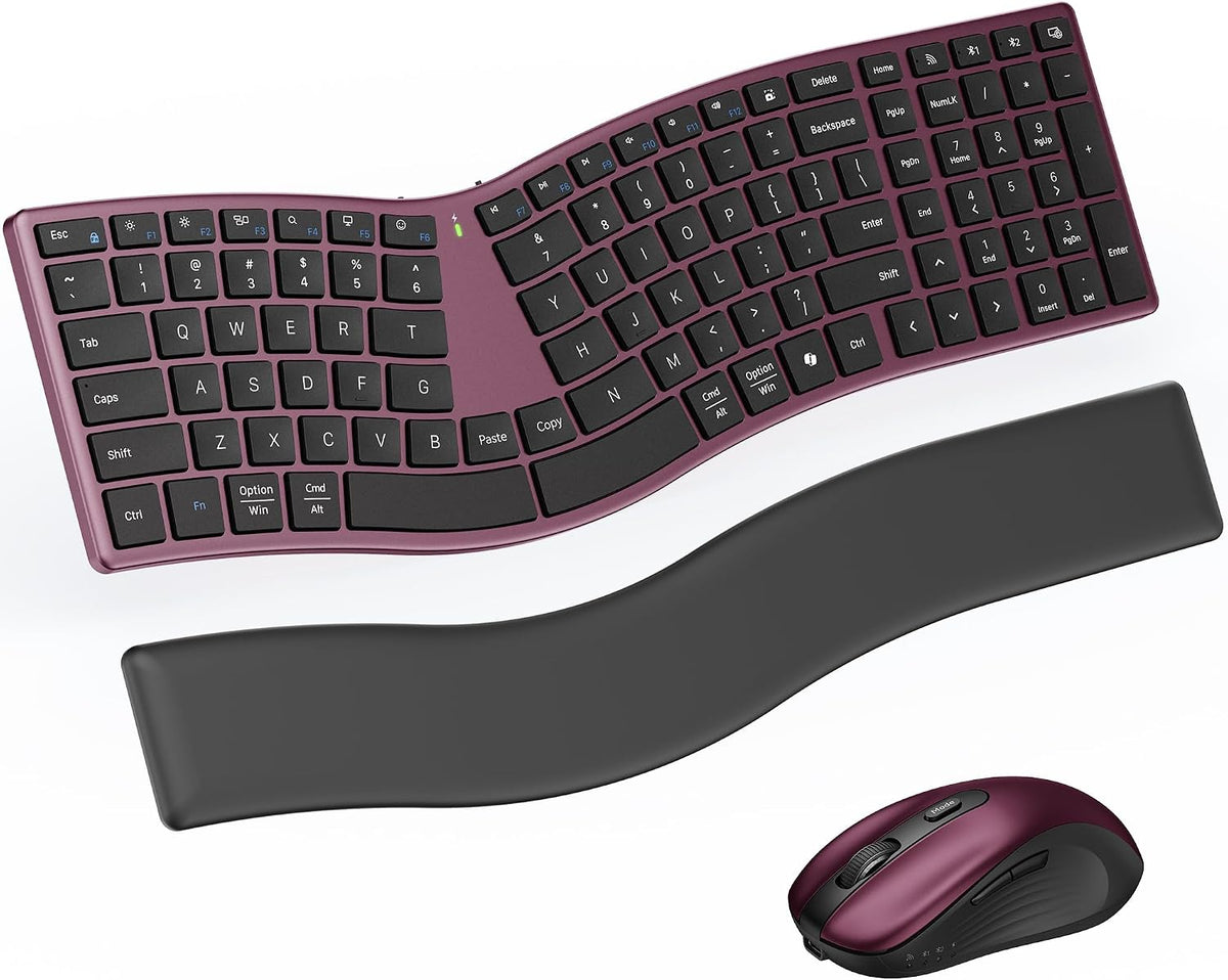 MEETION Slim Ergonomic Keyboard and Mouse with Separate Wrist Rest, Red