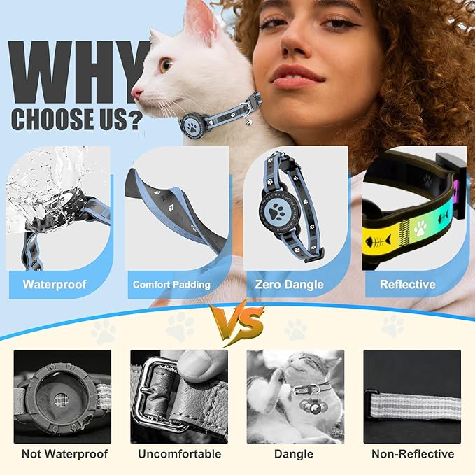 Airtag Cat Collar Breakaway, Reflective Cat Collar with AirTag Holder and Bell, Compatible with Apple Air Tag, Comfortable Padding, Adjustable, Durable (Blue, S)