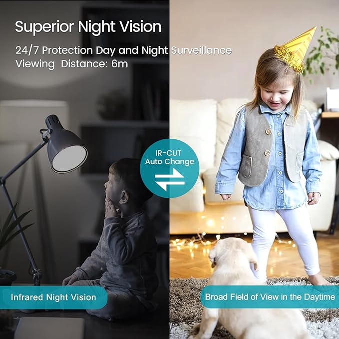 VIMTAG 3.5K Security Camera Indoor, Smart Cameras for Home Pet Baby Nanny Dog Cat with Night Vision, Motion Detection 2-Way Audio, Easy Set Up, Compatible with Alexa, TF Card, 2.4G WiFi, Wired