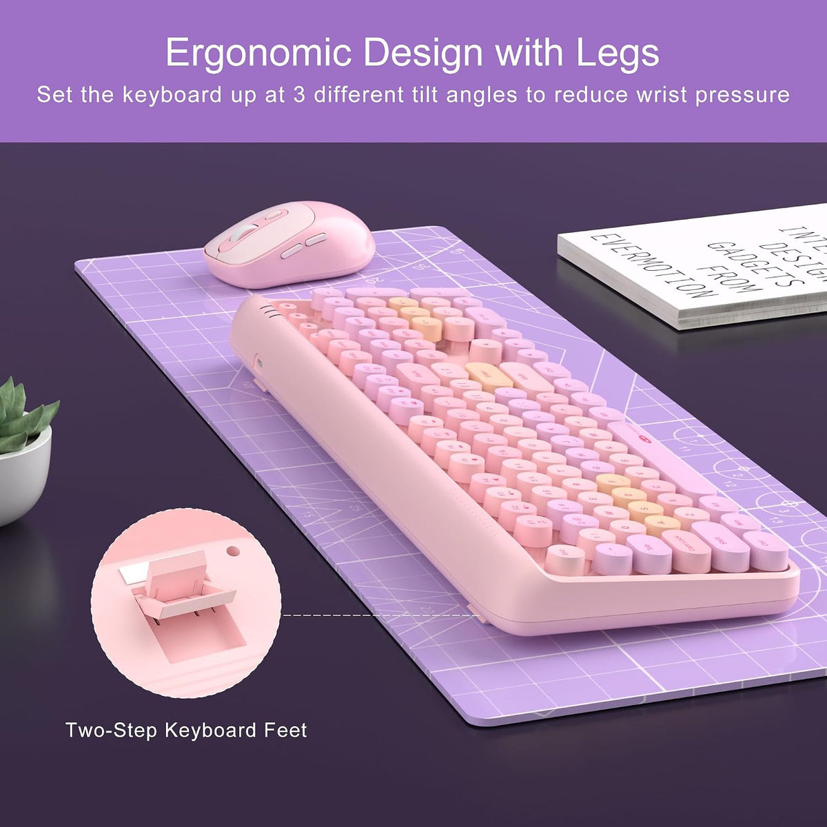 MageGee V920 Wireless Keyboard and Mouse Combo, 2.4G Full-Sized Retro Typewriter Keyboard with Round Keycaps & Auto-Sleep Mode, Cute Computer Keyboard and Cordless Optical Mouse for Laptop/PC (Pink)