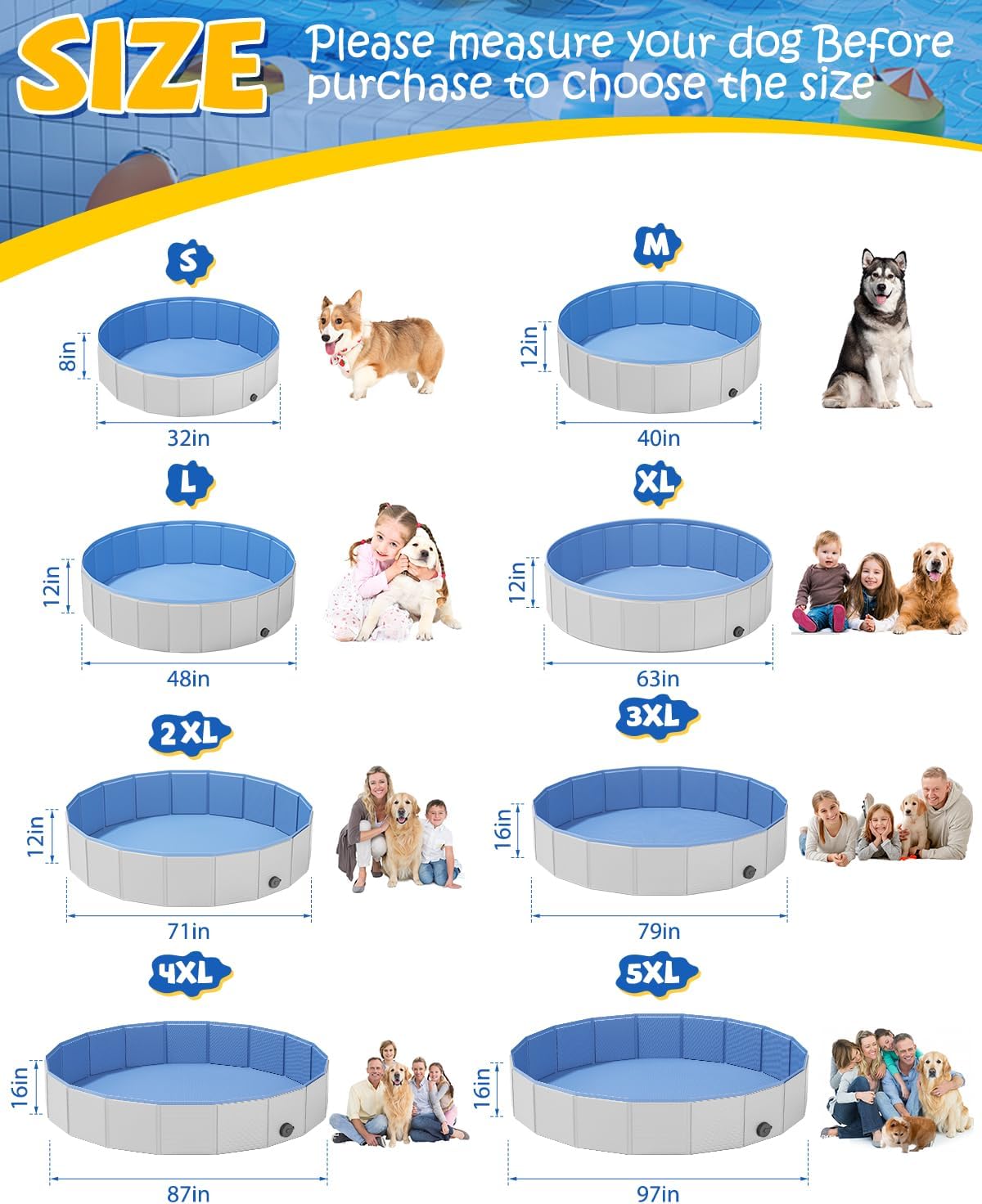 Portable Dog Pool PVC Pet Swimming Hard Plastic Pool Bathtub Collapsible Dog Poo for Pets to Swim and Bath (XL-63"x 12" Light Grey)