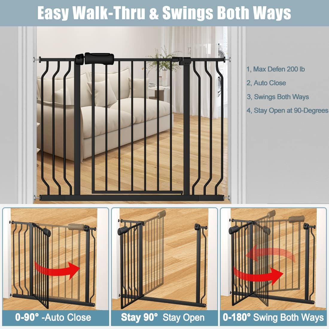 Black Baby Gate 29-34 Inch Wide Walk Through Pressure Mounted Safety Gate with Door No Drill Tension Metal Gate for Dog Cat and Toddler