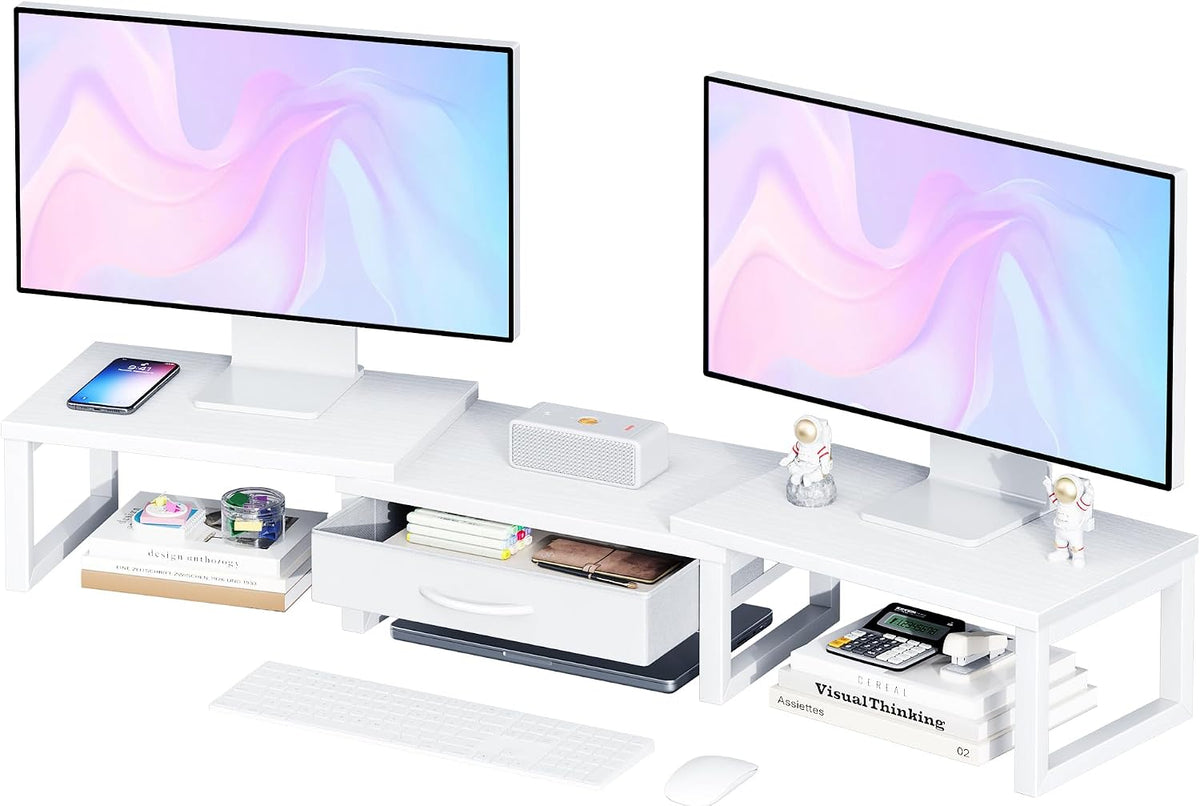 Dual Monitor Stand Riser, Desk Organizers and Accessories with Drawer, Computer Monitor Stands for Desk, Adjustable Desktop Shelf for PC Laptop Printer TV, White