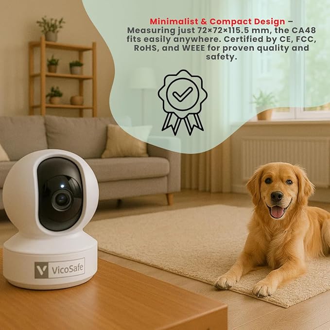 VicoHome CA48 Indoor Security Camera – 3K WiFi Pet & Baby Monitor, 360° Pan/Tilt, Night Vision, Motion Detection, Two-Way Audio, Works with VicoHome App