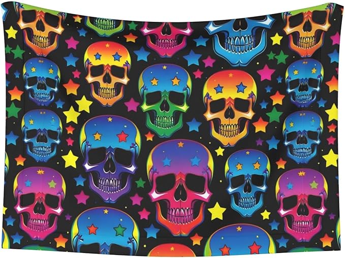 Double Sided Pet Mat for Dog Bed Topper Cat Blanket Furniture Protector, Colorful Stars Neon Skulls, Reversible Plush with Tactile Dot Pattern for Style Change