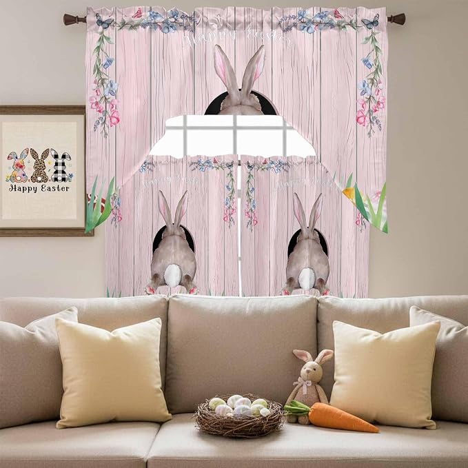 Swag Valance Curtains, Easter Cute Rabbit and Colorful Eggs Rod Pocket Valances